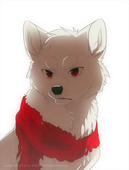 black_nose eyebrows feral fur head_tuft male mostly_nude red_eyes red_scarf scarf scarf_only simple_background solo torn_scarf tuft white_background white_body white_eyebrows white_fur azzai akita canid canine canis domestic_dog mammal spitz 2015 colored digital_drawing_(artwork) digital_media_(artwork) shaded