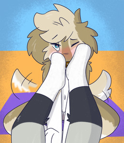anthro blush clothing duo feet female floppy_ears foot_fetish foot_play footwear genitals male male/female socks vulva vixeyhuskybutt gracie_(vixeyhuskybutt) sai_zilver bird_dog canid canine canis domestic_dog golden_retriever hunting_dog mammal retriever hi_res