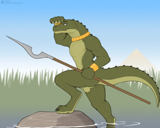 anthro backsack balls biped black_eyebrows blue_sky bracelet butt casual_nudity claws collar countershade_face countershade_feet countershade_hands countershade_neck countershade_scales countershade_tail countershade_torso countershading day digitigrade eyebrows feet finger_claws fingers foot_in_water genitals gold_(metal) gold_bracelet gold_collar gold_jewelry green_balls green_body green_countershading green_eyes green_scales green_tail grey_claws holding_melee_weapon holding_object holding_polearm holding_spear holding_weapon jewelry light_balls light_body light_scales long_tail male male_anthro melee_weapon metal_collar mouth_closed non-mammal_balls nude nude_anthro nude_male outdoor_nudity outside partially_submerged polearm rock scales shading_eyes side_view sky snaggle_tooth snout solo spear standing step_pose tail tail_ridge tapering_tail teeth toe_claws water weapon white_sclera jishinu crocodile crocodilian reptile scalie 2025 5:4 digital_drawing_(artwork) digital_media_(artwork) english_description full-length_portrait hi_res portrait