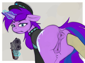 angry anus blue_eyes border butt clothed clothing female feral first_person_view fur genitals grey_background gun hair handgun horn looking_at_viewer pistol pointing_gun_at_viewer police police_hat purple_body purple_fur purple_hair ranged_weapon simple_background solo spreading tail vulva weapon white_border marsminer hasbro my_little_pony mythology fan_character equid equine horse mammal mythological_creature mythological_equine pony unicorn digital_drawing_(artwork) digital_media_(artwork)