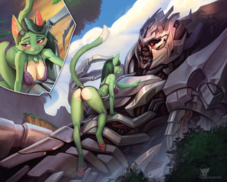 anthro barefoot blush blush_lines bottomwear bra breasts butt cleavage climbing clothed clothing crossover_ship decepticon duo feet female fingers fur green_body green_fur hair kneeling machine male outside panties pawpads plant raised_tail rear_view size_difference smile tail toes topwear tree underwear hacatiko dreamkeepers hasbro takara_tomy transformers lilith_calah megatron canid canine canis cybertronian fox living_machine mammal robot seeker_(transformers) 2022 5:4 crossover digital_media_(artwork)