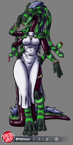 3_toes 4_arms 4_fingers 6_eyes anthro bangle beady_eyes big_tail biped breasts clothed clothing digitigrade dress eyelashes feet female fingers fully_clothed gem glistening glistening_body glistening_scales glistening_tail gold_(metal) gold_bangle gold_jewelry green_body green_pseudo_hair grey_background hair hands_on_hips humanoid_hands jewelry legband lips logo long_neck long_tail looking_at_viewer mane medium_breasts multi_arm multi_eye multi_limb necklace open_mouth pink_tongue pseudo_hair purple_body purple_eyes purple_hair purple_mane purple_scales red_lips scales simple_background slit_dress small_waist snout solo striped_body stripes tail tail_mane tentacle_hair tentacle_mouth tentacles thick_tail thick_thighs thighband toes tongue tongue_out white_clothing white_dress wide_hips predaguy zyangya_(predaguy) alien scalie unknown_species 2022 artist_logo cel_shading digital_drawing_(artwork) digital_media_(artwork) hi_res shaded