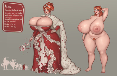 areola big_breasts biped blood blue_eyes blush bodily_fluids breasts cleavage clothed clothed_female clothed_humanoid clothing dress eyelashes female genitals glistening glistening_body hair huge_breasts humanoid_pointy_ears hyper hyper_breasts lips looking_at_viewer mature_female nipples not_furry nude nude_female nude_humanoid orange_hair pink_areola pink_nipples pointy_ears pubes pupils red_clothing red_dress red_lips solo sweat sweaty_breasts tan_body tan_skin text thick_thighs three-quarter_view vein veiny_breasts vulva wide_hips shinyglute elf humanoid character_name english_text hi_res model_sheet