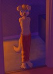 adolescent anthro black_nose blonde_hair blue_eyes blush bottomwear clothed clothing doorway french_artist hair hands_behind_back looking_at_viewer male pajamas pants partially_clothed red_clothing solo standing_in_doorway topless topless_anthro topless_male wallpaper_(decoration) young young_anthro chokodonkey conditional_dnp canid canine canis domestic_dog mammal hi_res