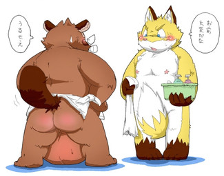 anthro backsack balls balls_blush balls_on_ground big_balls blush bodily_fluids body_blush butt clothed clothing comparing convenient_censorship dialogue duo genitals huge_balls hyper hyper_balls hyper_genitalia male male/male nude simple_background slightly_chubby sweat sweatdrop tail tail_between_legs tail_censorship text topless white_background meg_hoi canid canine fox mammal raccoon_dog tanuki 2011 japanese_text translated