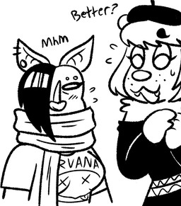 anthro dialogue duo female hair hair_over_eye one_eye_obstructed scarf text blarf022 sherry_bear_(blarf022) vranda_von_bat_(blarf022) bat bear honduran_white_bat leaf-nosed_bat mammal microbat yangochiropteran 2024 black_and_white english_text hi_res monochrome