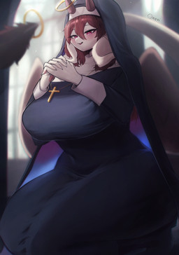 anthro big_breasts breasts clothed clothing cross cross_necklace female fur hair horn huge_breasts interlocked_fingers jewelry necklace nun ring solo tail white_body white_fur wings omeki aria_(fluffeve) bovid bovine caprine hybrid mammal hi_res