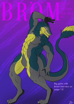 anthro bulge claws fangs fur green_body green_fur grey_body grey_fur male muscular paws pose red_eyes smile smiling_at_viewer smirk smirking_at_viewer solo tail tail_tuft teeth text tuft yellow_body yellow_fur fir3dragon0113 brom_(sahurus) sergal cover english_text hi_res magazine_cover