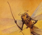 4_wings ambiguous_gender antennae_(anatomy) anthro arrow_(weapon) biped black_antennae black_body black_eyes bow_(weapon) holding_arrow holding_bow_(weapon) holding_object holding_ranged_weapon holding_weapon insect_wings multi_wing neck_tuft ranged_weapon segmented_body simple_background solo tuft weapon wings yellow_background yellow_body julek_heller the_ancestral_trail arthropod hymenopteran insect wasp 1993 hi_res official_art restricted_palette traditional_media_(artwork) yellow_theme