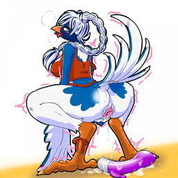 anthro beak black_body black_feathers blue_body blue_feathers blush blush_lines bodily_fluids bottomless bottomless_female braided_hair breasts cheek_tuft claws clitoral clitoral_rubbing clothed clothing crouching curvy_figure facial_tuft feathers feet female genital_fluids genitals green_eyes hair heart_eyes heart_symbol leaking_pussy_juice leaking_vagina looking_at_viewer looking_back looking_back_at_viewer looking_pleasured midriff motion_lines nipple_outline nipples non-mammal_breasts non-mammal_nipples open_beak open_mouth orange_beak penetration ponytail pose raised_tail sex_toy shaking small_waist solo tail tail_feathers talons thick_thighs toe_claws toes topwear topwear_only tuft vaginal vaginal_fluids vaginal_penetration vulva white_body white_feathers white_hair wide_hips winged_arms wings zokoira cissa_(idorrth) avian bird corvid magpie_(corvid) oscine passerine digital_media_(artwork) hi_res pinup