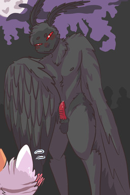 animal_genitalia antennae_(anatomy) anthro balls blush bodily_fluids cryptozoology duo erection feathered_wings feathers fur genital_fluids genitals heart_eyes heart_symbol male nipples nude penis precum red_eyes smile standing wings kittyprince mothman arthropod cryptid domestic_cat felid feline felis insect lepidopteran mammal monster moth 2017 2:3 hi_res