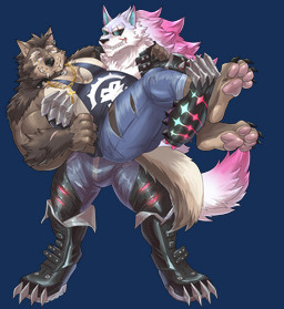 anthro arm_tuft armor barazoku beard biceps black_bottomwear black_clothing black_collar blue_bottomwear blue_clothing blue_eyes blue_inner_ear blue_jeans blue_pants blue_shirt blue_tank_top blue_topwear bottomwear brown_body brown_fur brown_hair chaps clothing collar denim denim_bottomwear denim_clothing digitigrade duo ear_piercing ear_ring eye_scar eyewear facial_hair facial_scar fangs fur gauntlets gloves grin hair handwear highlights_(coloring) jacket jeans leather leather_chaps leather_clothing leather_jacket leather_topwear lifting_partner lip_scar male male/male muscular muscular_anthro muscular_male nipples pants pawpads pecs piercing pink_highlights ring_piercing scar shirt smile spiked_collar spikes sunglasses tail tan_body tan_fur tank_top teeth topwear tuft tusks underpaw white_body white_fur yellow_eyes weedwolf dislyte lilith_games mythology bruno_(rossciaco) freddy_(dislyte) canid canine canis mammal mythological_canine mythological_creature werecanid werecanine werecreature werewolf wolf 2026 alpha_channel