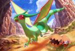 2020 ambiguous_gender claws cloud day desert detailed_background digital_media_(artwork) digital_painting_(artwork) duo flygon flying generation_3_pokemon grass nintendo open_mouth open_smile pippi913 plant pokemon pokemon_(species) rock sand sky smile sparkles sparkling_eyes trapinch wings