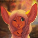 anthro arm_tuft big_ears blep blue_eyes blurred_background clothed clothing eyelashes female front_view fur glistening glistening_eyes hair inner_ear_fluff one_eye_closed orange_body orange_fur pink_nose pink_tongue shoulder_tuft solo text tongue tongue_out topwear tuft white_clothing white_hair white_inner_ear_fluff white_topwear mylafox species_request 1:1 2021 bust_portrait dated hi_res portrait signature url