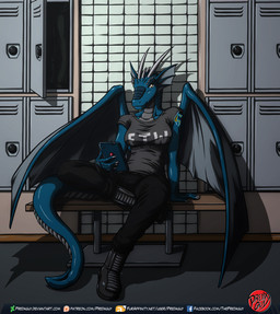 anthro biped clothing electronics female horn locker_room logo looking_at_viewer membrane_(anatomy) membranous_wings sitting smile solo spikes tablet tablet_computer tail text wings predaguy mythology nika_(hwpd) dragon mythological_creature mythological_scalie scalie artist_logo digital_media_(artwork) hi_res url