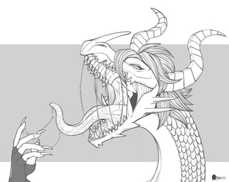 anthro bodily_fluids claws drooling fangs hair horn long_tongue looking_at_viewer male open_mouth pointy_nose saliva saliva_on_tongue saliva_string scales side_view solo spikes spikes_(anatomy) teeth tongue marcushunter atlus megami_tensei mythology persona_(series) persona_5 sega dragon mythological_creature mythological_scalie scalie 2025 monochrome signature