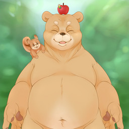 anthro apple belly brown_body brown_fur duo eyes_closed food fruit fur humanoid_hands male navel overweight overweight_male plant ageinu mammal rodent sciurid 1:1 2015
