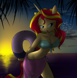anthro beach bedroom_eyes big_breasts bikini blonde_hair breasts cleavage clothed clothing curvy_figure detailed_background dialogue eyelashes female fur hair horn huge_breasts inflatable inner_tube long_hair looking_at_viewer multicolored_hair narrowed_eyes navel red_hair sea seaside seductive smile solo sunset swimwear talking_to_viewer teal_eyes text thick_thighs tongue topwear tube_top two-piece_swimsuit voluptuous water wide_hips yellow_body yellow_fur sandwich-anomaly equestria_girls hasbro my_little_pony mythology sunset_shimmer_(eg) equid equine horse mammal mythological_creature mythological_equine pony unicorn 2017 digital_media_(artwork) english_text hi_res