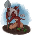 2_horns bottomwear chest_wraps clothed clothing dirt female gardening grey_hair hair horn humanoid_pointy_ears kneeling not_furry orange_eyes outside pants plant pointy_ears red_body red_horn red_skin red_tail short_hair short_stack shovel simple_background smile solo stitch_(sewing) tail tools white_background wraps malberrybush dungeons_and_dragons hasbro wizards_of_the_coast valor_(malberrybush) horned_humanoid humanoid tiefling digital_media_(artwork) hi_res