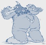 anthro big_butt butt feathers looking_back male overweight overweight_male presenting presenting_hindquarters slightly_chubby solo teaselbone blizzard_entertainment dungeons_and_dragons hasbro warcraft wizards_of_the_coast avian bovid bovine mammal moonkin owlbear tauren 2022 blue_and_white monochrome