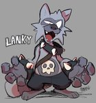 anthro bottomwear clothing fur grey_body grey_fur humanoid_hands pants simple_background solo teeth text alexiswolfy_(artist) breeze_in_the_clouds lanky_goon_(breeze_in_the_clouds) mammal procyonid raccoon 2020 hi_res