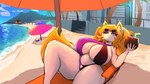 anthro beach beach_chair beach_towel beach_umbrella beverage big_breasts bikini bikini_bottom bikini_top breasts city cityscape clothing coconut coconut_drink cooler drupe_(fruit) eyewear eyewear_on_head female food fruit fur hair huge_breasts huge_thighs mountain mountainside orange_hair parasol plant ponytail purple_eyes sea solo sunglasses sunglasses_on_head swimwear thick_thighs towel two-piece_swimsuit water white_body white_fur nemiyakii millie_(ketsukanevixen) canid canine fox humanoid mammal 16:9 absurd_res hi_res widescreen