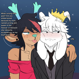 anthro canon_couple duo embarrassed female love male romantic romantic_couple ship smug_face text tomboy vehicle watercraft tawman_art deltarune undertale undertale_(series) asriel_dreemurr dess_holiday bovid caprine deer goat mammal 1:1 absurd_res english_text hi_res
