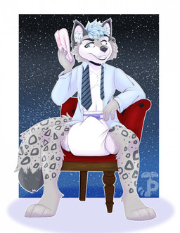 anthro blue_dress_shirt blue_hair border chair clothing collared_shirt cosmic_background diaper diaper_bulge diapered_dominant dipstick_tail dress_shirt erection erection_in_diaper fangs folded_diaper front_view fur furniture grey_body grey_ears grey_fur grey_nose grey_spots grey_tail grey_tail_tip hair holding_diaper inner_ear_fluff leopard_spots logo male markings navel necktie on_chair pattern_diaper pattern_necktie pink_inner_ear shirt sitting smile solo spots spotted_body spotted_fur spotted_markings spotted_tail striped_necktie tail tail_markings teeth topwear touching_diaper tuft white_body white_border white_diaper white_fur white_inner_ear_fluff plantpanda greypupbw canid canine canis felid hybrid mammal pantherine snow_leopard wolf 2023 artist_logo full-length_portrait hi_res portrait