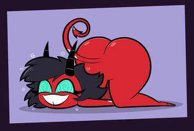 2_horns big_butt black_hair blue_eyes border butt circle_shadow female hair heart_symbol horn hypnosis lying mind_control nude nude_humanoid on_front purple_background purple_border red_body red_skin simple_background smile solo spiral spiral_eyes submissive submissive_female submissive_humanoid tail teeth apopop hellaverse helluva_boss millie_(helluva_boss) demon demon_humanoid humanoid imp 2026 absurd_res digital_media_(artwork) hi_res