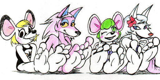 anthro breasts feet female foot_fetish fur group humanoid_feet multicolored_body multicolored_fur pink_body pink_fur plantigrade soles toes white_body white_fur ralftheralfman animal_crossing nintendo bella_(animal_crossing) bree_(animal_crossing) freya_(animal_crossing) whitney_(animal_crossing) canid canine canis mammal mouse murid murine rodent wolf 2013