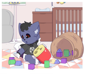 anthro black_eyes block clean_diaper clothed clothing confusion crib daww diaper male playing playing_with_toys reaching solo toy toy_block wearing_diaper wings young young_anthro colbyhedgey samael_disharmony hi_res