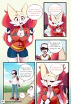 absurd_res anthro braixen bray_(lucyfercomic) breasts canid clothing duo english_text eyes_closed female generation_6_pokemon hair hair_over_eyes hat headgear headwear hi_res human lucyfercomic male mammal may_(pokemon) nintendo pokemon pokemon_(species) pokemon_trainer speech_bubble text