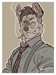 anthro blue_clothing blue_eyes blue_shirt blue_topwear brown_hair cigarette cigarette_in_mouth clothing fur gentleman grey_body grey_fur hair male necktie object_in_mouth pattern_necktie shirt smoke solo striped_necktie suspenders topwear white_body white_fur lobstercat solidasp canid canine canis domestic_dog german_shepherd herding_dog mammal pastoral_dog