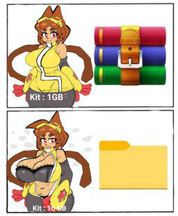 anthro armor big_breasts bodily_fluids bottomwear bra breast_expansion breast_growth breasts brown_hair brown_tail clothing dress expansion eyewear eyewear_on_head female folder folder_icon fur gauntlets gloves goggles goggles_on_head growth hair handwear hidden_buxom huge_breasts lace_bra laced_underwear looking_at_viewer magenta_eyes navel pants red_eyes sleeveless_clothing sleeveless_dress solo steam sweat tail tan_body tan_fur text tight_clothing tongue tongue_out topwear underwear unzipped whiskers zipper miaval_tec decompressed_file_meme gameoverse glitch_productions winrar kit_bodega domestic_cat felid feline felis mammal english_text hi_res meme