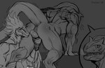 anthro anus arm_feathers balls bodily_fluids breathing bubble cheek_tuft claws cum cum_string cumshot duo ear_piercing ear_ring ejaculation facial_tuft feathers from_behind_position genital_fluids genitals head_crest holding_leg holding_penis humanoid_genitalia humanoid_penis looking_at_genitalia looking_at_penis male male/male muscular narrowed_eyes neck_tuft nude open_mouth orgasm_face penile penis penis_milking penis_squeeze piercing rear_view ring_piercing sex shaking smile smirk spread_legs spreading standing standing_doggystyle steamy_breath sweat tail teeth tired tongue trembling tuft essenza mozi_dakota razor_hess allosaurid allosaurus dinosaur dromaeosaurid feathered_dinosaur feathered_scalie prehistoric_species reptile scalie theropod hi_res portrait sketch