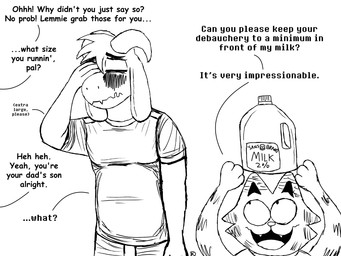 anthro blush bottle container dialogue duo embarrassed eyes_closed facepalm horn male milk milk_bottle milk_container text komododad deltarune undertale undertale_(series) asriel_dreemurr milk_looker_(deltarune) boss_monster_(undertale) bovid caprine domestic_cat felid feline felis goat mammal 4:3 black_and_white comic english_text hi_res monochrome