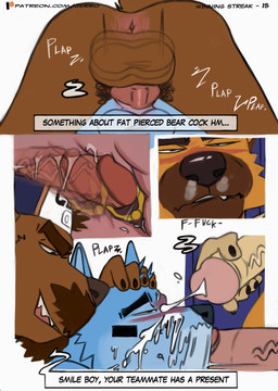 anal anal_penetration anthro anus balls bodily_fluids butt circumcised circumcision_scar clothing cum cum_on_face dialogue erection fellatio genital_fluids genital_piercing genital_scar genitals glans group hat hat_only headgear headgear_only headwear headwear_only male male/male male_penetrated male_penetrating male_penetrating_male mostly_nude oral penetration penile penile_penetration penis penis_in_ass penis_in_mouth penis_piercing piercing plap scar sex text text_box vein veiny_penis jerro bear canid canine mammal comic english_text hi_res url