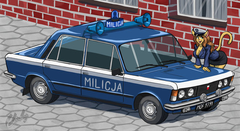 anthro apartment_building blue_clothing bottomwear breasts brown_hair car clothed clothing commie_block detailed_background eyebrows eyelashes fangs female footwear fur gesture green_eyes hair hat headgear headwear high_heels historical long_hair looking_at_viewer mouth_closed open_mouth pink_nose plant poland police police_hat police_uniform polish_people's_republic shirt shoes shrub skirt smile solo tail teeth teeth_showing text topwear uniform vehicle yellow_body yellow_fur chisheq fiat fiat_125p aneta_(chisheq) domestic_cat felid feline felis mammal 2024 hi_res