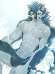 abs anthro biceps black_body black_clothing black_fur black_speedo black_swimwear blue_eyes bulge clothed clothing countershade_arms countershade_face countershade_fur countershade_torso countershading fur looking_at_viewer male muscular muscular_anthro muscular_male pecs smile smiling_at_viewer solo speedo speedo_only swimwear topless topless_anthro topless_male sky_gomi canid canine canis mammal wolf hi_res