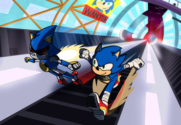 anthro blue_body blue_fur city clothing duo footwear fur green_eyes machine male male/male metallic_body police running shoes sneakers wraps nx-42 sega sonic_the_hedgehog_(series) metal_sonic sonic_the_hedgehog android eulipotyphlan hedgehog mammal robot absurd_res hi_res