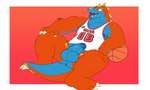 anthro anus arm_support ball balls basketball_(ball) basketball_jersey blue_body blue_penis blue_tongue bottomless bottomless_male claws clothed clothing erection eyebrows facial_markings genitals gradient_background head_markings jersey leaning_on_elbow leaning_on_object male markings nipple_slip number_on_jersey overweight overweight_male pecs penis red_body shirt simple_background sitting solo spines tank_top thick_eyebrows tongue tongue_out topwear ramitas nike demetres_constantinou crocodile crocodilian reptile scalie 2023 5:3 absurd_res colored digital_media_(artwork) hi_res