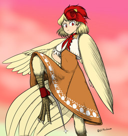 4_toes ambiguous_feral ambiguous_gender animal_legs anisodactyl avian_feet blonde_hair carrying_another clothing dress duo feathered_wings feathers feet female feral hair looking_at_viewer multicolored_hair on_head one_leg_up orange_clothing orange_dress raised_leg red_eyes red_hair solo_focus spurs tail tail_feathers toes two_tone_hair wings yellow_body yellow_feathers yellow_tail_feathers yellow_wings young young_ambiguous young_feral giantcavemushroom touhou kutaka_niwatari animal_humanoid avian avian_humanoid bird bird_humanoid chicken chicken_humanoid galliform galliform_humanoid humanoid phasianid winged_humanoid 2019 hi_res portrait three-quarter_portrait
