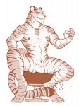 animal_genitalia anthro balls big_muscles biped flaccid front_view fur genitals jewelry looking_at_viewer male muscular muscular_anthro muscular_male necklace nipples nude penis penis_tip pose sheath simple_background sitting smile solo spread_legs spreading stripes tail white_background spottyjaguar partran_(tiger) felid mammal pantherine tiger