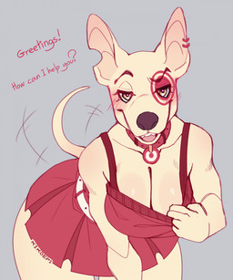 anthro anthrofied big_breasts blush breasts butt clothed clothing collar dress female fur furgonomic_piercing furgonomics hanging_breasts looking_at_viewer markings mascot piercing red_clothing short_dress simple_background smile solo tail tail_motion thick_thighs kikoepi target_corporation canid canine canis domestic_dog hunting_dog mammal digital_media_(artwork) hi_res