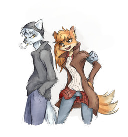 anthro armband black_nose bottomwear breasts brown_eyes brown_nose cheek_tuft chest_tuft cigarette cigarette_in_mouth cigarette_smoke clothing countershading denim denim_bottomwear denim_clothing duo ear_piercing eyelashes facial_tuft female freckles fur furgonomics gauged_ear grey_body grey_fur grey_hair hair hand_in_pocket hand_on_hip hat headgear headwear hoodie jacket jeans long_hair looking_at_another looking_back male object_in_mouth open_mouth orange_body orange_fur orange_hair pants pattern_clothing pattern_shirt pattern_topwear piercing plaid plaid_clothing plaid_shirt plaid_topwear pockets shirt short_hair simple_background smoke sweater teeth topwear tuft white_background yellow_eyes tinygaypirate eli_(tinygaypirate) jinny_(tinygaypirate) canid canine fox mammal red_fox true_fox hi_res