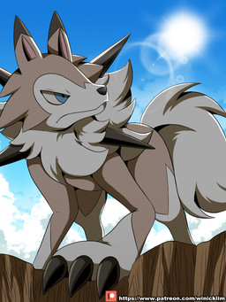 ambiguous_gender big_claws black_claws black_nose blue_eyes blue_sky brown_body brown_fur claws day feral front_view fur multicolored_body multicolored_fur outside patreon_logo quadruped sky solo spikes sun tail text two_tone_body two_tone_fur white_body white_fur white_tail winick-lim nintendo patreon pokemon canid generation_7_pokemon lycanroc mammal midday_lycanroc pokemon_(species) 2019 3:4 digital_media_(artwork) url
