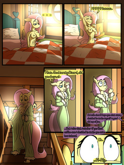 anthro anthrofied bathrobe bed bedding bedroom blanket breasts clothing comic_panel detailed_background dialogue ellipsis female fur furniture hair lying messy_hair morning navel nipples nude nude_anthro nude_female on_bed pillow pink_hair robe robe_only slim solo sound_effects tail teal_eyes text tired wide_eyed yellow_body yellow_fur dracul_la friendship_is_magic hasbro my_little_pony fluttershy_(mlp) earth_pony equid equine horse mammal pony 3:4 absurd_res comic english_text hi_res