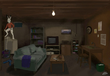 appliance basement bedding blanket bodily_fluids book bookshelf bottomless box cabinet chair clothed clothing container controller cup dartboard desk electronics flaccid furniture game_controller genital_fluids genitals inside lamp laundry_basket laundry_machine light_bulb male painting peeing penis picture_frame sofa solo table television trash_can urine urine_stream washing_machine window wild_strokes lagomorph leporid mammal rabbit hi_res