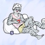 4_toes anthro barefoot beverage blue_background blue_eyes book bottomwear chest_tuft claws clothing eyebrows eyewear feet fur glasses grey_body grey_fur hair hand_on_knee hand_on_leg holding_object humanoid_feet male male_anthro markings on_cushion pawpads pillow pink_clothing pink_shirt pink_topwear plantigrade raised_eyebrow reading shirt shorts simple_background sitting sleeveless_shirt soda solo spots spotted_body spotted_fur tail toe_claws toeless_(marking) toes topwear tuft white_hair p_rindustries felid mammal pantherine snow_leopard 1:1 hi_res