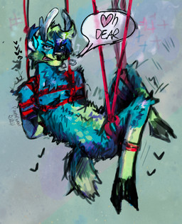 anthro antlers bdsm blep blue_body blue_fur bondage bound fur green_body green_fur green_hair hair heart_as_word heart_symbol horn humor inner_ear_fluff looking_at_viewer male nude open_mouth pun pun_intended red_rope restraints rope rope_bondage rope_harness simple_background smile solo suspension tail text tongue tongue_out tuft white_inner_ear_fluff pinatareaper deer mammal clip_studio_paint_(artwork) digital_media_(artwork) digital_painting_(artwork) hi_res painting_(artwork)
